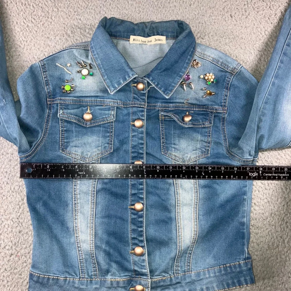 Embellished Beaded Denim Jacket Womens XL Blue Y2K indie Boho Chic Statement